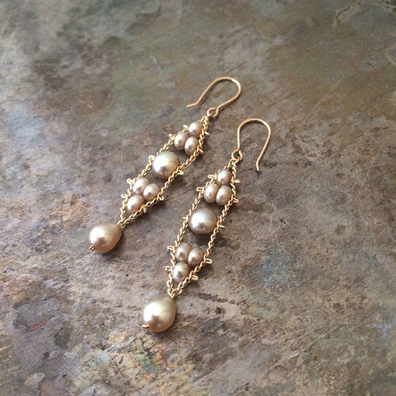 Navette earrings in champagne pearls, designed by Estyn Hulbert
