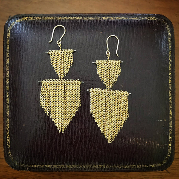Gold chain fringe earrings - 2 shields by Jessica Rose