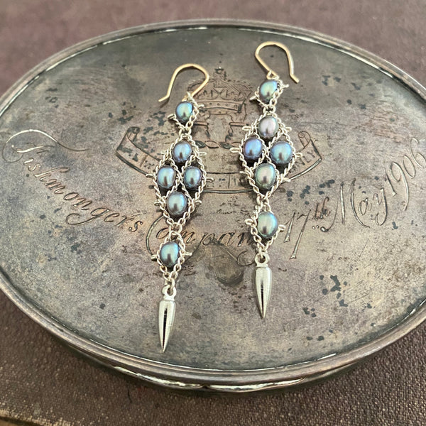 Silver and blue pearl earrings with 14k ear wires