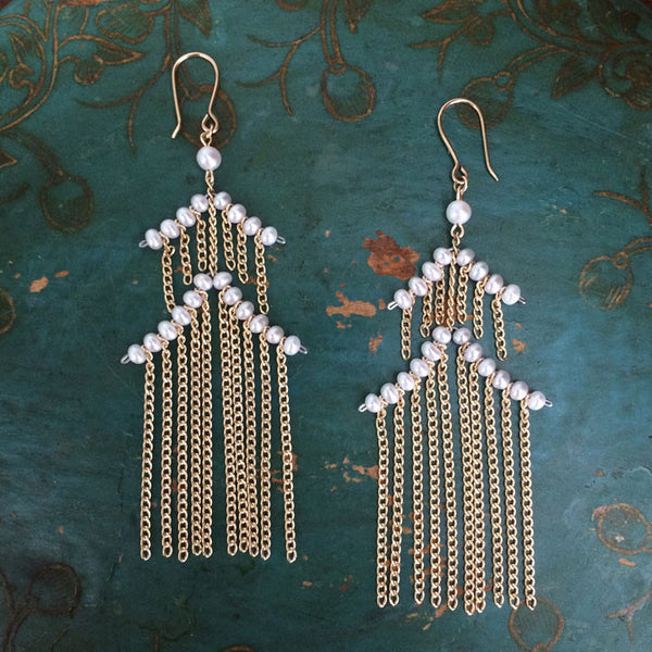 Small Pagoda earrings in white pearls and 14k gold-filled chain. Designed by Estyn Hulbert.